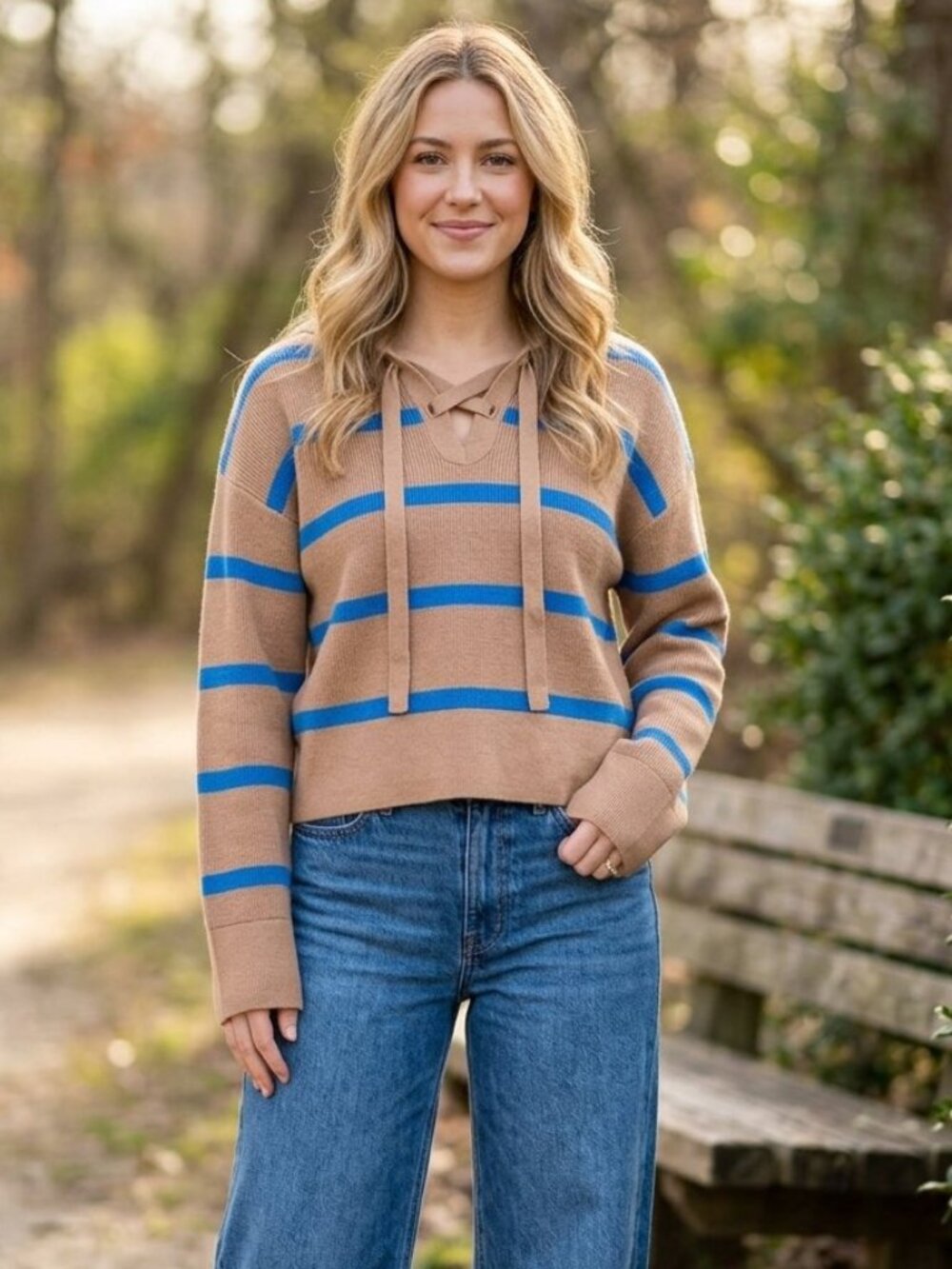 Everlane Lace-Up Smock Tan/Camel Cobalt Blue Striped Sweater 3820